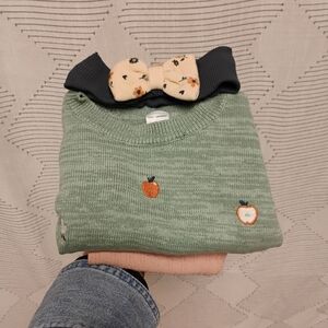 Baby 24M Set Green Embroidered Apple Knit Sweater Pink Bottoms And Headband